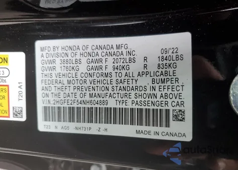 2022 Honda Civic Sport z USA, uszkodzony, nr VIN 2HGFE2F54NH604889